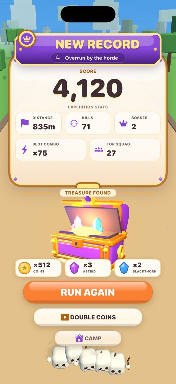 The end-of-run screen: a new record of 4,131 points over 997 metres, 97 kills, two bosses, and 250 coins in a chest.