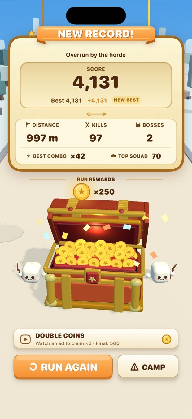 The end-of-run screen with a new record and a chest of coins