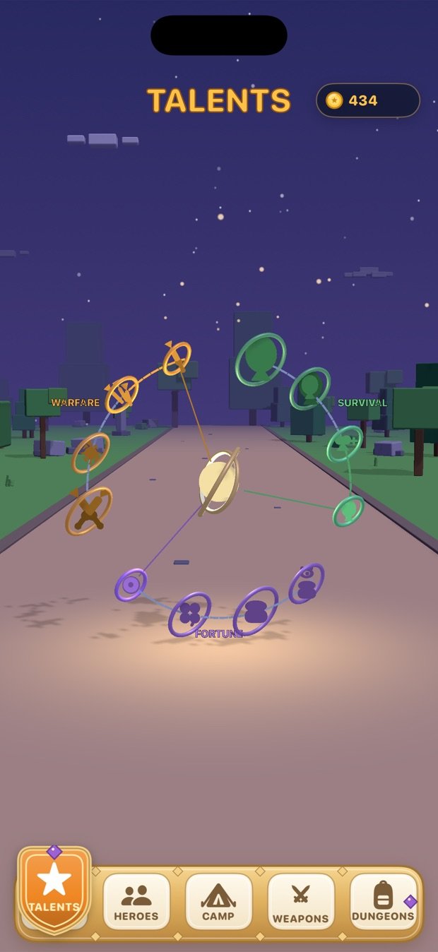 The Talents star chart with Warfare, Survival and Fortune constellations.